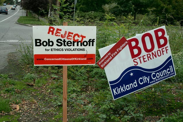 A political action committee called Concerned Citizens of Kirkland put out 'Reject Bob Sternoff' signs throughout Kirkland on Monday. The group accuses Sternoff