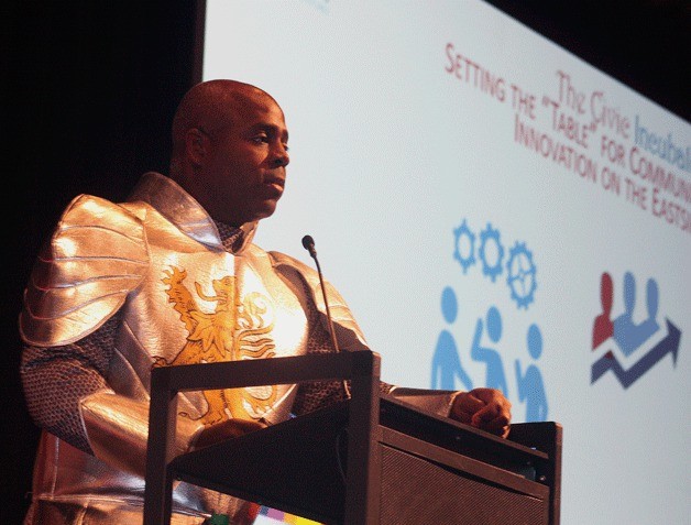 Leadership Eastside CEO James Whitfield addresses more than 600 members of the organization during its 10th anniversary luncheon in Bellevue.