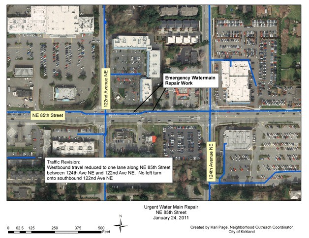 The City of Kirkland Public Works Department and Frank Coluccio Construction Company will repair a broken watermain on N.E. 85th Street between 122nd Avenue N.E. and 124th Avenue N.E. on Tuesday.