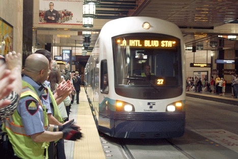 A train approaches the platform at the Westlake Station in downtown Seattle for a preview ride on July 17