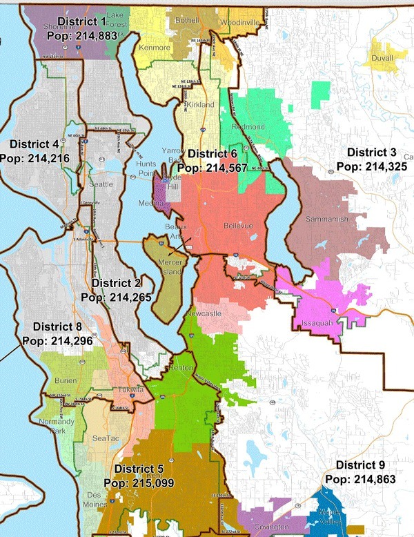 This map shows the new redistricting boundaries for King County