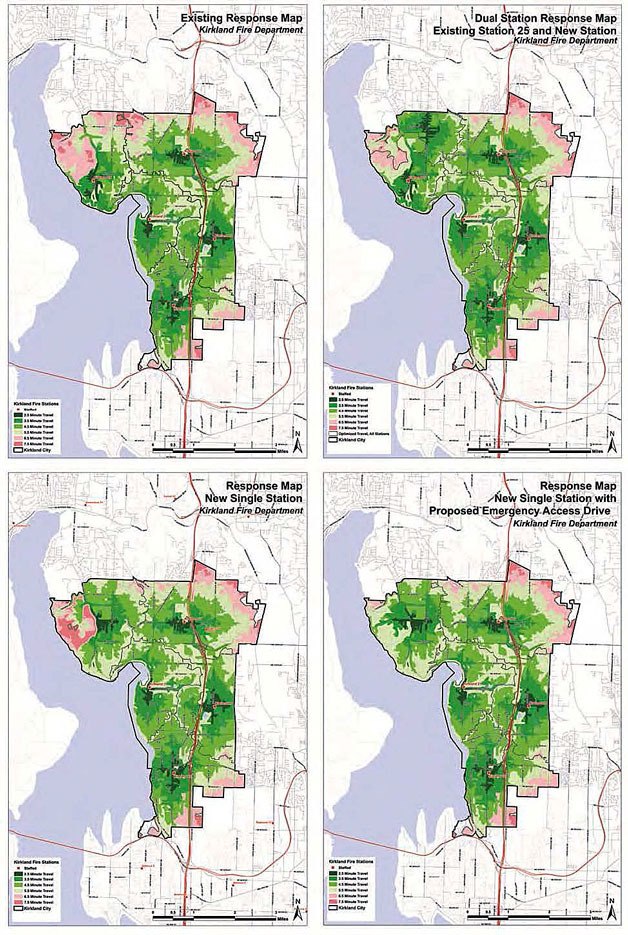 The maps above show response times by fire department personnel in various areas of Kirkland.  The differences between the maps are seen in the Finn Hill and Juanita neighborhoods of Kirkland.  Top left