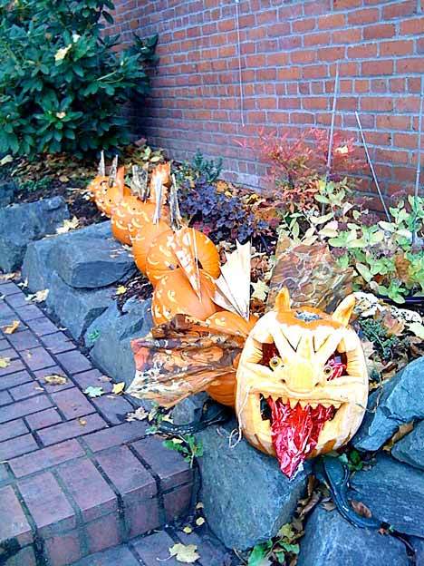The Kirkland Art Center’s ‘dragon’ won the Downtown Association’s annual pumpkin carving contest. It took eight pumpkins to make this elaborate sculpture