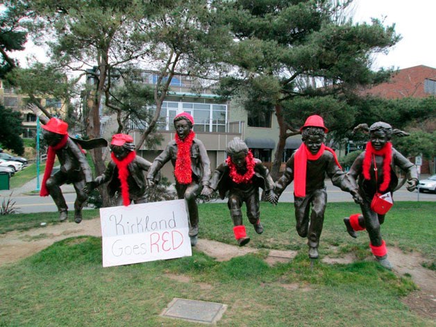 Kirkland residents helped put out the word for National Wear Red Day to raise awareness to the issues surrounding the health of women's hearts. Volunteers dressed up various Kirkland sculptures around the city in red to spread the word.