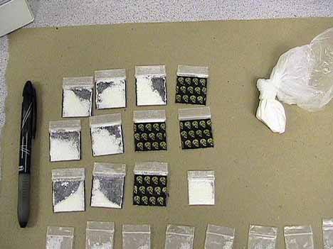 This police photo shows the drugs that were found in a man's car after a traffic stop.