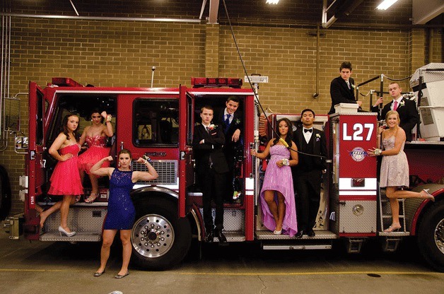 Juanita High School sophomores at Fire Station 27. From left: Maggie Kent