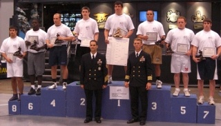 Lake Washington senior Grant Haschak stands fourth from the left on the second-place spot on the finisher's podium at the National High School Coaches Association Senior Nationals. Hachak won 5-1 in the tournament