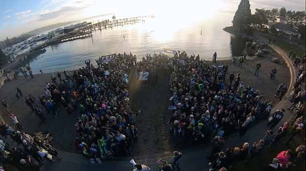 Hundreds of Kirkland residents showed up to Marina Park for a Seahawks rally Saturday. They all gathered in the shape of a 12 to show their 12th Man pride.