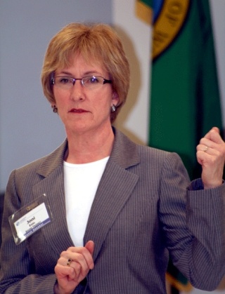 Sound Transit CEO Joni Earl addresses the 2011 class of Leadership Eastside at Lake Washington Technical College April 9.