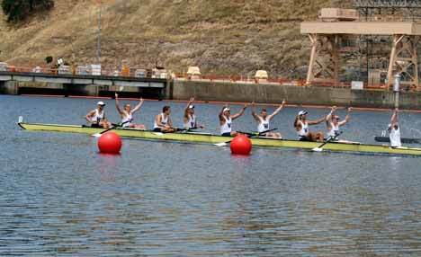 The team crosses the finish line during the IRA National championships at Lake Natoma on June 6.