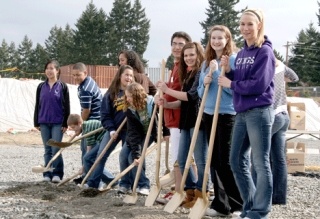 Lake Washington High School students join with other students from Kirkland and Rose Hill Junior High schools to celebrate a groundbreaking event March 18.