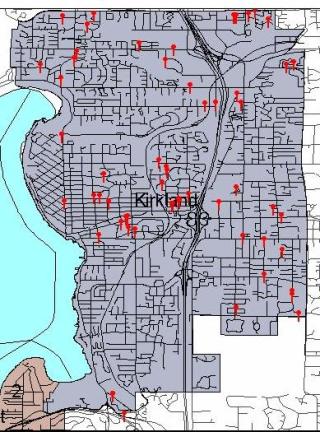 Points on the map indicate areas in Kirkland that have had recent car prowls.