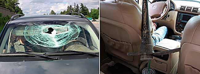 These photos show the damage done to an SUV when a pickaxe struck the windshield and nearly impaled the driver.