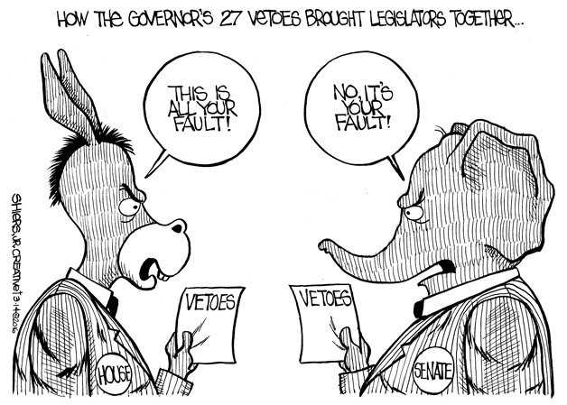 How the governor's 27 vetoes brought legislators together... | Cartoon for March 14