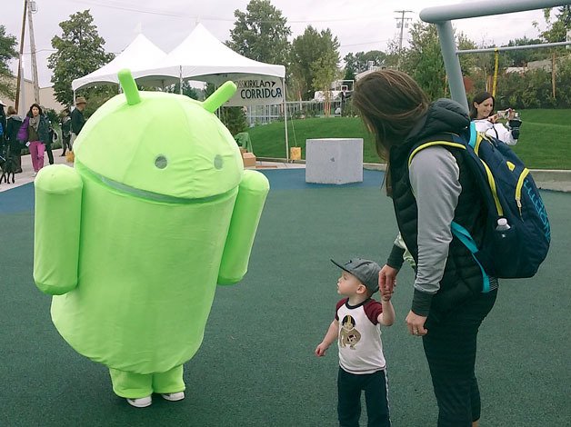 Many families joined the fun as Google and the city of Kirkland hosted a celebration for the opening of the recreational area on the Cross Kirkland Corridor between the two Google buildings in Kirkland.