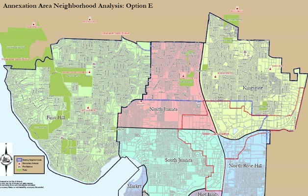 This map shows how the Totem Lake neighborhood could be dissolved in a controversial plan the City of Kirkland is considering as it decides how to draw the annexation neighborhood boundaries.