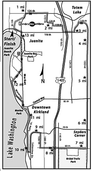This map shows the course route for the Kirkland Half Marathon.