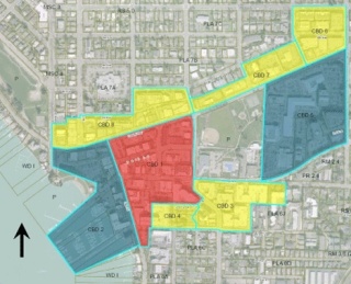 Kirkland's central business districts. Each zone is rated by city planner's discretion around building heights. Red represents a high level of discretion