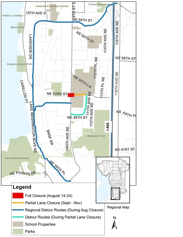This map shows the alternate routs for traveling 108th Ave. N.E. during road work.