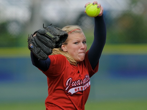 Juanita SP Allison Rhodes (11) throws a pitch against Mt. Si during WIAA 3A state tournament play at the Regional Athletic Complex in Lacey on Friday.