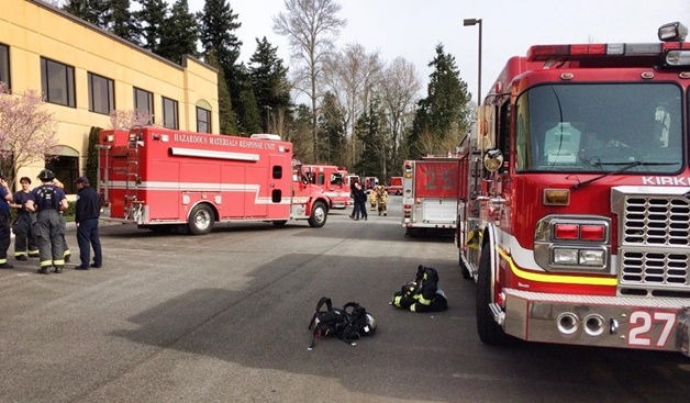 The Kirkland Fire Department and the Eastside Hazmat Team responds to an incident at a laboratory in the 13900 block of NE 128 St. in Kirkland on Saturday.