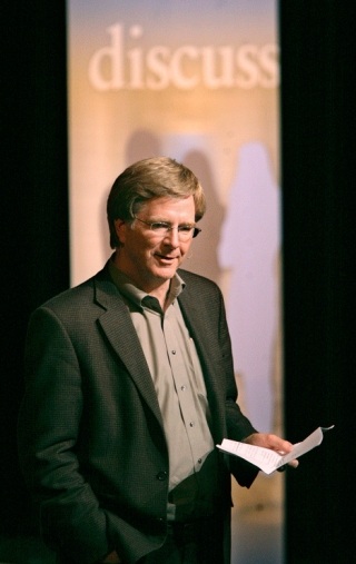 Travel guidebook author Rick Steves addresses the crowd during the “Marijuana: It’s Time For a Conversation” event at the Kirkland Performing Arts Center on Feb. 4.