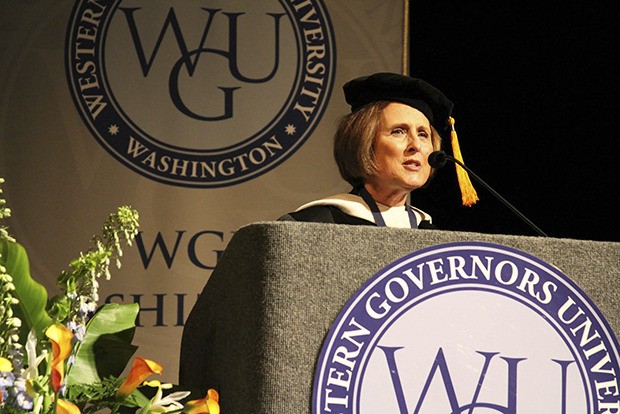 WGU Washington Chancellor Jean Floten addresses the Class of '14 at the May 17 commencement ceremony at McCaw Hall in Seattle. The three-year-old university awarded more than 1