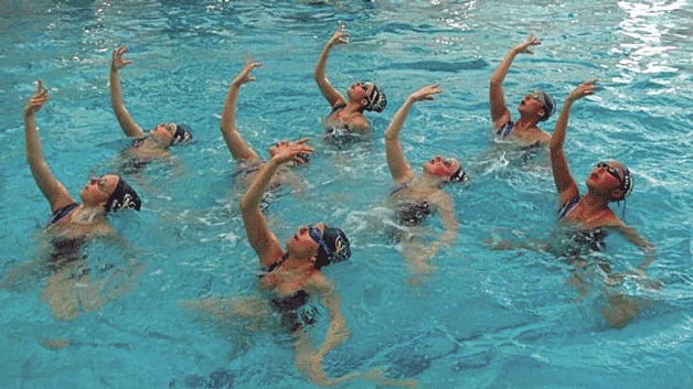 A Seattle Synchro team swims in the Juanita High School pool. Seattle Synchro is one of several teams that uses the year-round pool.