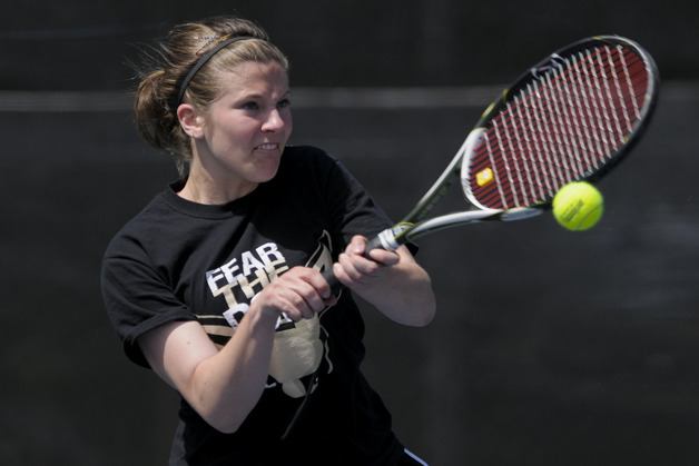 Kangs doubles partners Jessica Lund (pictured) and Kelly Watanabe during Sea-King district tournament play at Lower Woodlawn Tennis Courts in Seattle