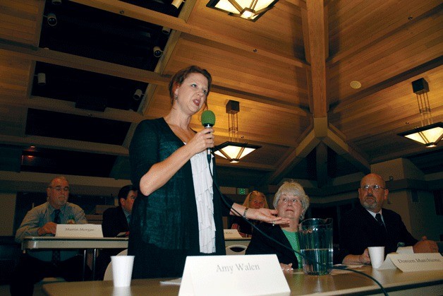 Kirkland City Council incumbent Amy Walen addresses the audience during Monday’s candidate forum at Holy Spirit Lutheran Church in Kirkland. Candidates weighed in on city issues that included homelessness