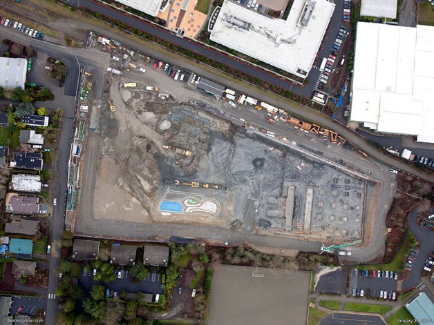 This is a view from the sky of a 150-foot Seahawks logo on the Google construction site in Kirkland.