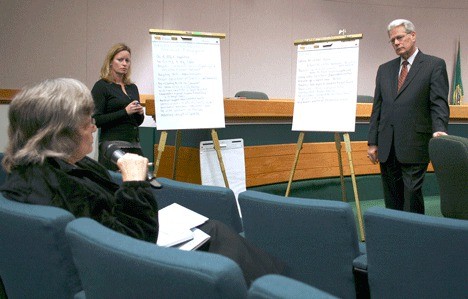 Diane DeWitt addresses Bob Murray during a forum at Kirkland City Hall on the search for a new city manager.