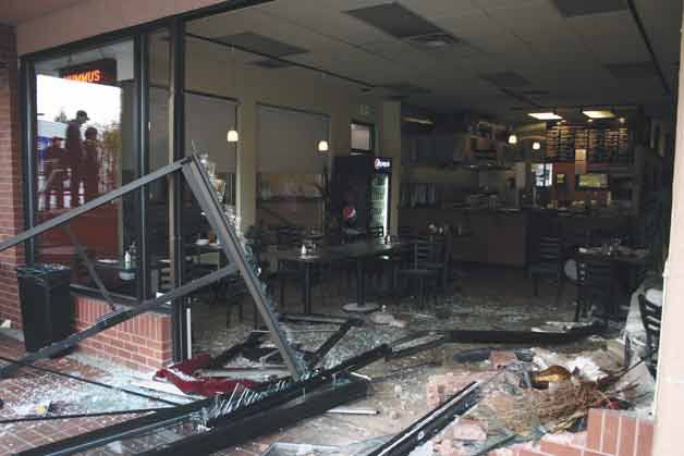 A car struck the Mediterranean Kitchen restaurant in Kirkland on Monday afternoon