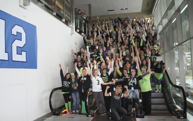 EvergreenHealth Medical Center staff celebrate the 12th Man on the Blue Friday before the Super Bowl between the Seattle Seahawks and Denver Broncos.