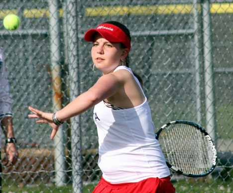 Juanita's No. 1 singles player Maria Jourvaleva returns serve against Inglemoor at the end of March.