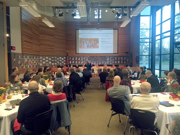 Lake Washington School District Superintendent Dr. Traci Pierce addresses the crowd at the Community Leaders Breakfast on Nov. 18 in Redmond.