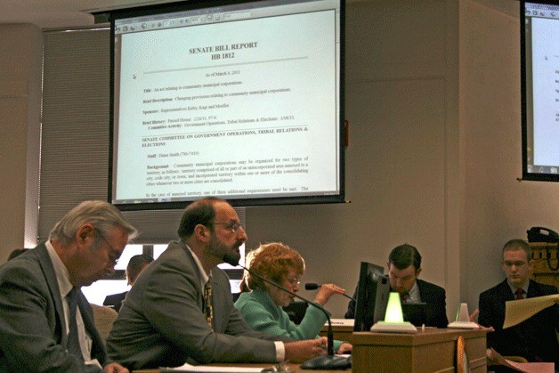 Twenty-two year Houghton Community Council vice chair Elsie Weber testifies in Olympia against Senate Bill 1812 on Tuesday. The bill would end the formation of community councils in Washington State and let an entire city vote to keep a community council every four years instead of just the community represented by the council. Joining Weber is Ken Seal