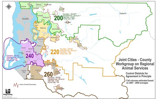 This map shows the proposed district boundaries for King County animal control services.