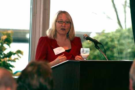 Kirkland Mayor Joan McBride addresses the Kirkland Chamber of Commerce during the first chamber luncheon of the year Friday at the Woodmark Hotel.