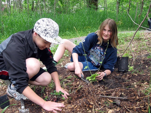 Josh Parker and Nora Keaney plant native flowers in Cotton Hill Park on a recent KJH ecology field trip.