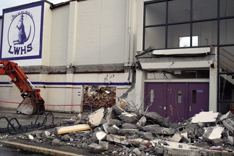 Demolition work recently began on the Lake Washington High School Chapple Gymnasium (pictured) and Cadle Theatre. The old facilities will be replaced with improved facilities as part of the school's construction project - to open in fall 2011.