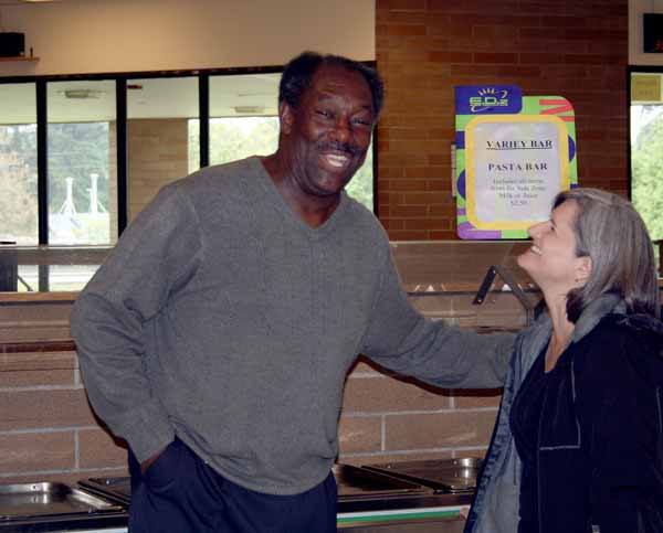 Kamiakin teacher Curtis Bates shares a laugh with Karen Friend