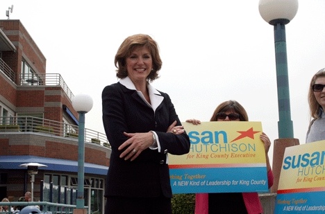 King County Executive candidate Susan Hutchison discussed her policy initiatives aimed at helping small businesses during a press conference at Carillon Point in Kirkland Tuesday. Also pictured is campaign volunteers Selma Robb (center) and Erica Cross.