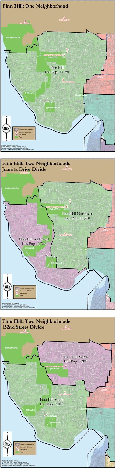 These three maps represent the options that will be deliberated on during the next six months if the Kirkland City Council approves the Planning Commission's recommendations.