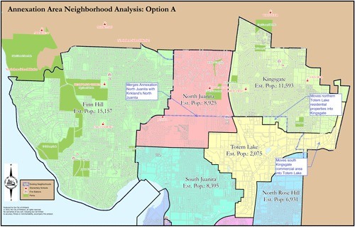 This is one of seven maps representing the seven choices in a survey posted on the City of Kirkland’s Web site for residents of the annexation area to vote on. They will also be the topic of discussions during community meetings this month and next.