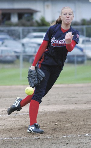 Allison Rhodes pitches during the Juanita girls softball team's first state game against Mt. Rainier. The Rebels won 10-5.