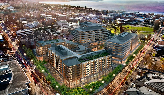 This artist’s rendering shows what Kirkland Urban will look like from above with Lake Washington in the distance.