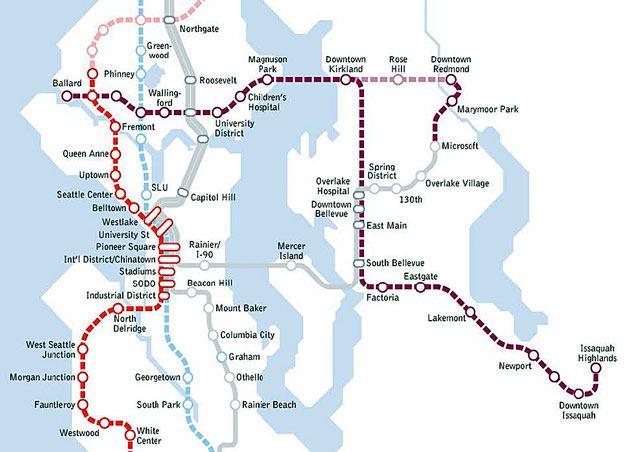 This map shows a proposed route for a subway across Lake Washington and through Kirkland.