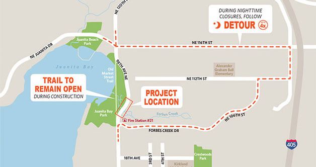 This map shows the detour for the closure of 98th Ave. N.E. in Kirkland.