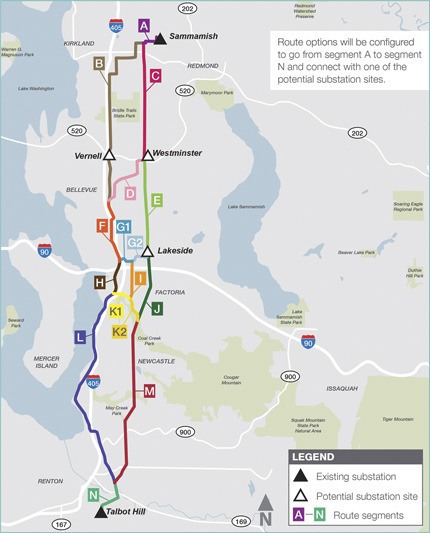 This map shows two potential routes for Puget Sound Energy's Energize Eastside project